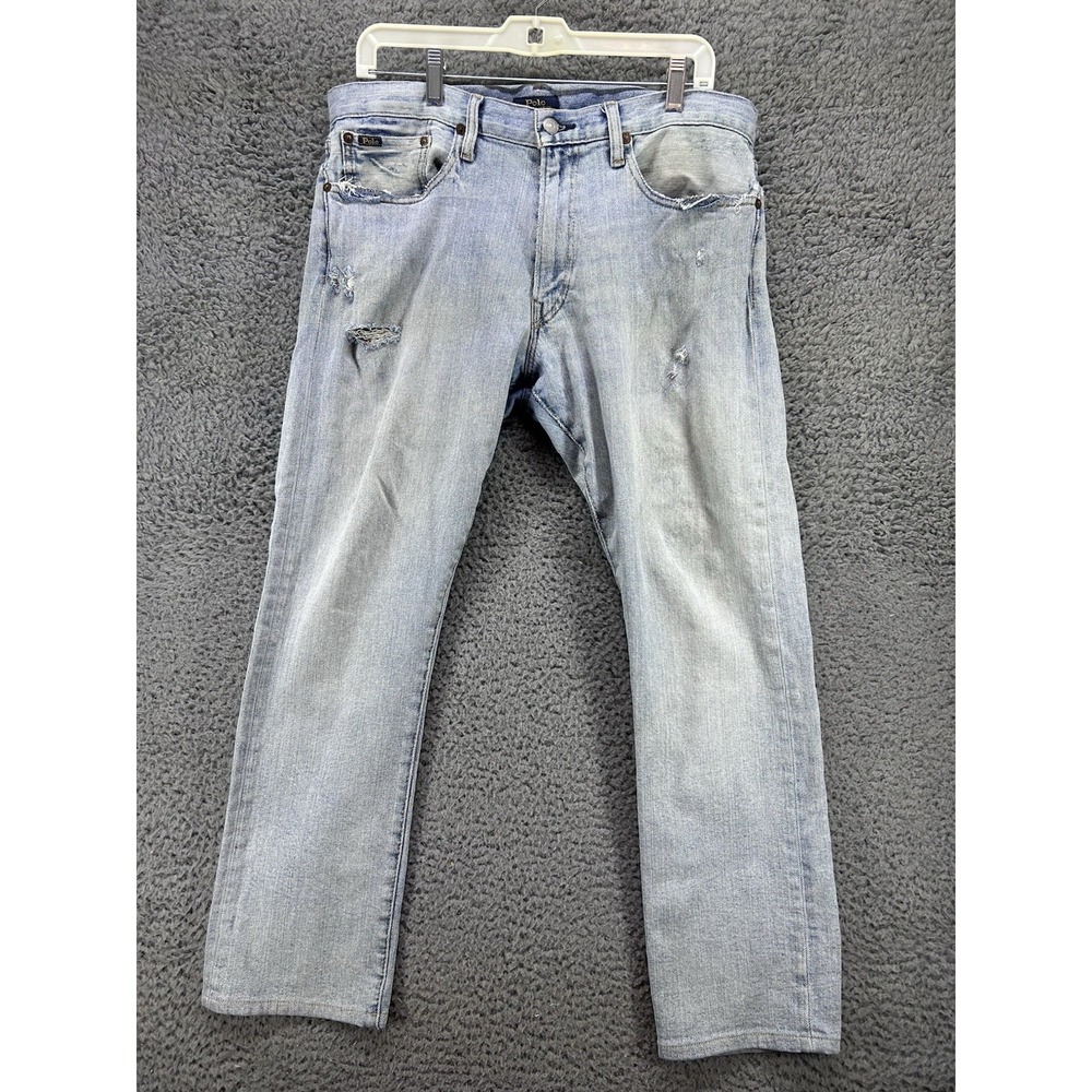 Polo Ralph Lauren Jeans 33x30 Varick Slim Straight Light Wash Distressed Thrash